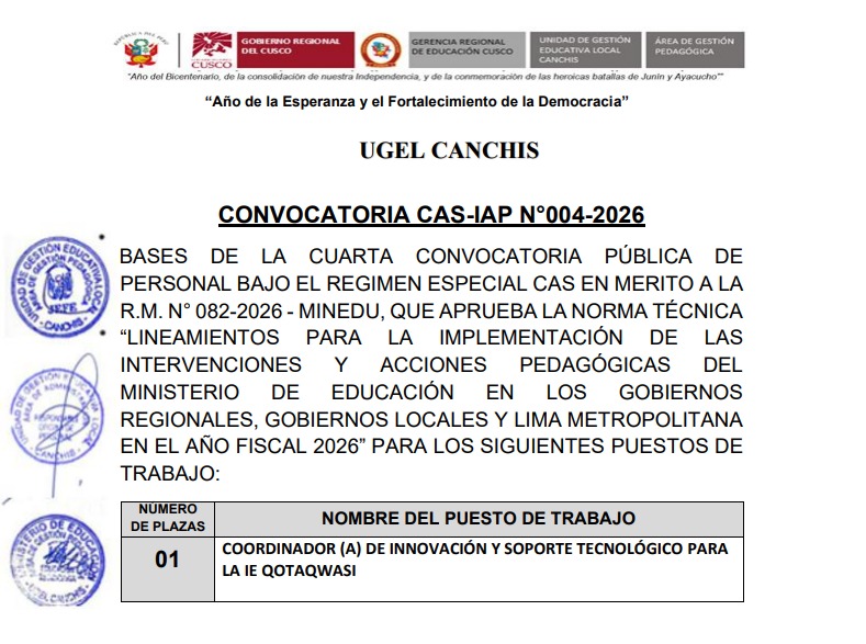 Convocatoria CAS-IAP N°004-2026 - 01 COORDINADOR (A) DE INNOVACIÓN Y SOPORTE TECNOLÓGICO